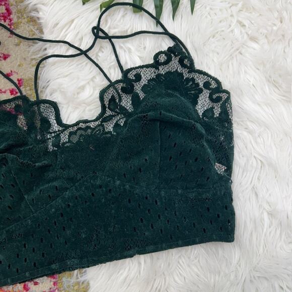 Free People One Forest Green Velvet Lace Sexy Bralette Medium Festival Crop - Picture 3 of 5